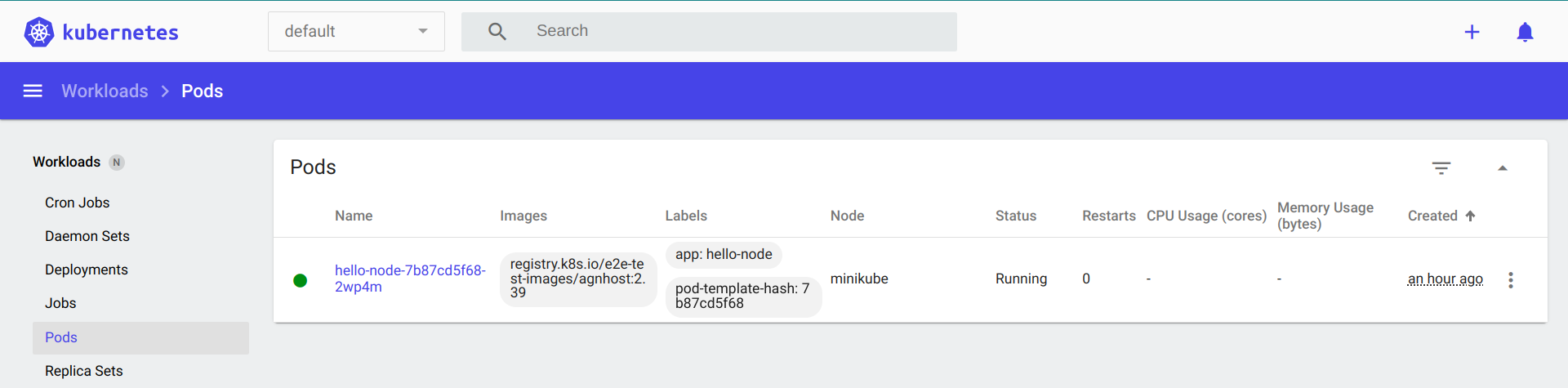 Pods in a Kubernetes dashboard